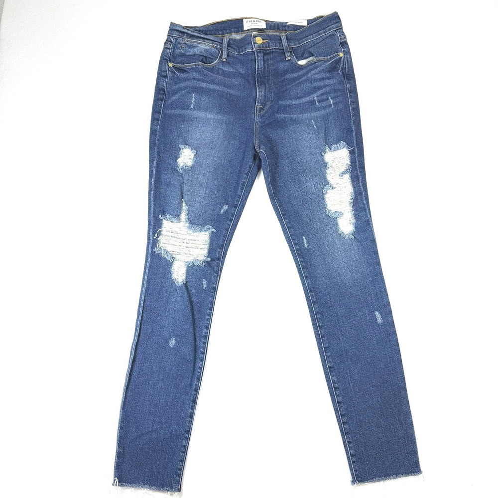 Frame Denim Le‎ High Skinny Jeans Enford Distressed Ripped Raw Hem Blue Size 31